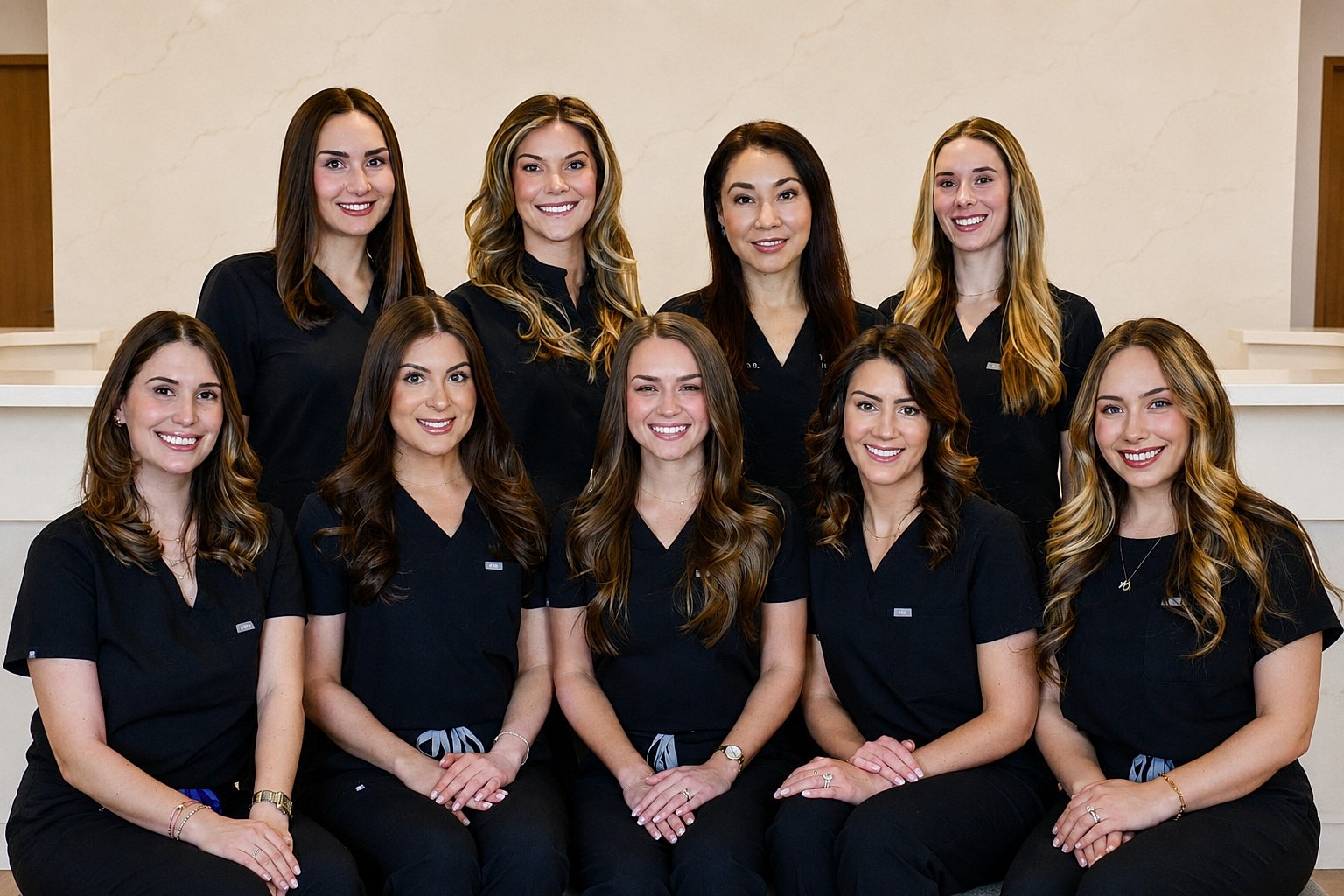 Group of ten women in black medical uniforms.