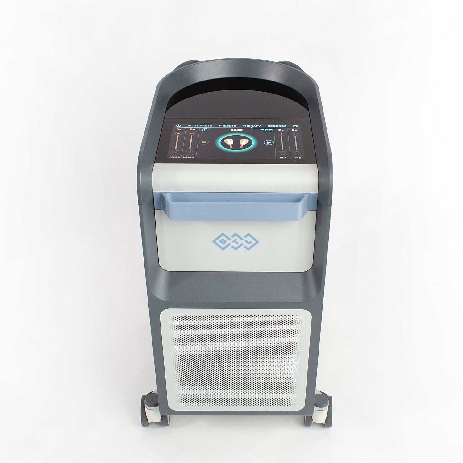 Medical device with user interface and wheels.