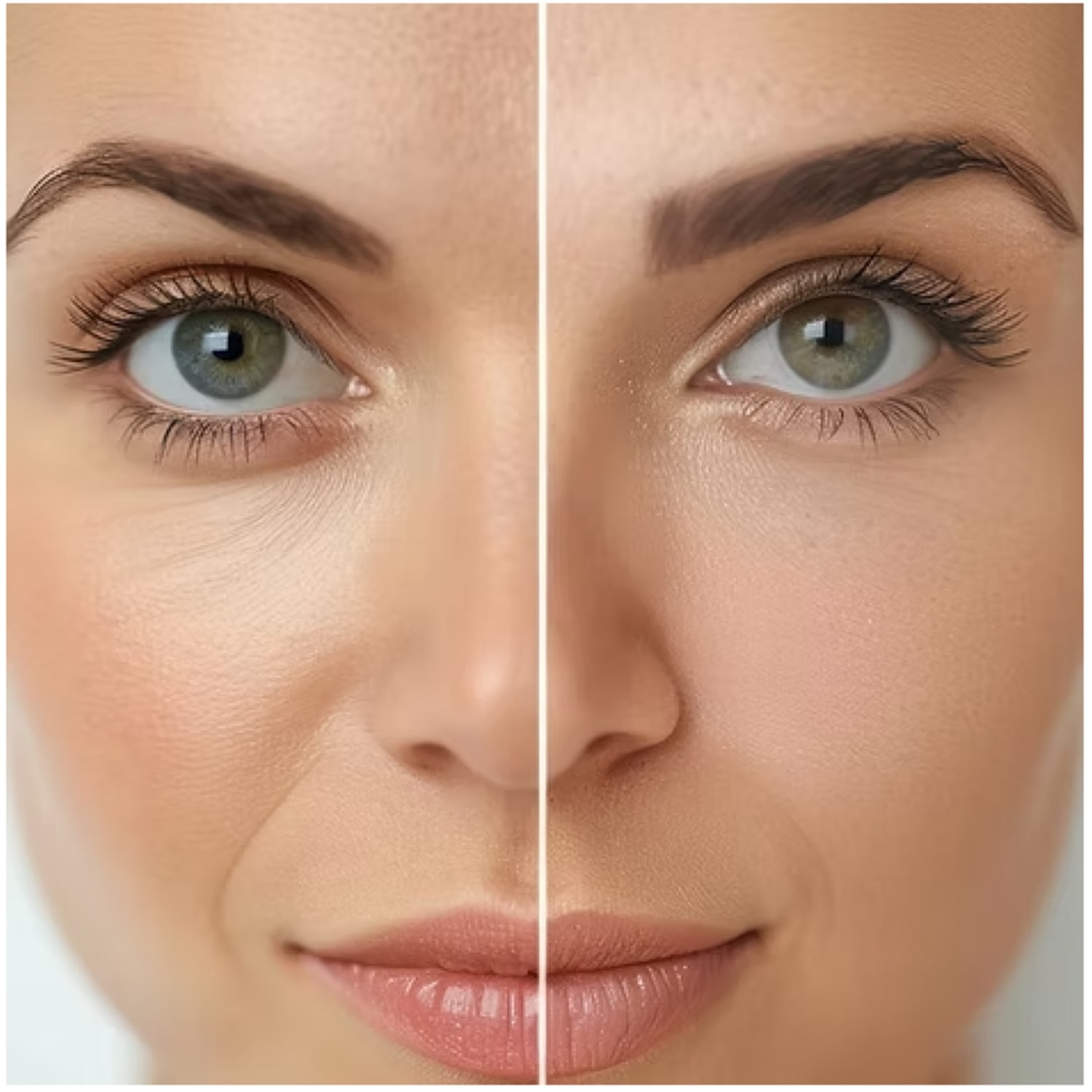 Before and after facial skincare comparison.