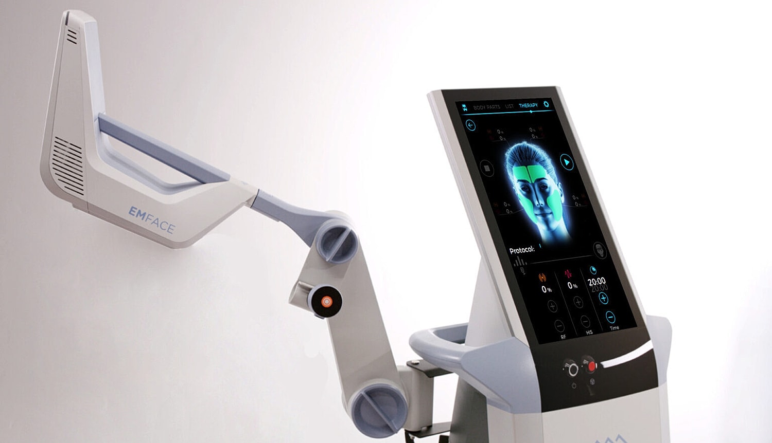 Advanced facial treatment device EMFACE displayed prominently.