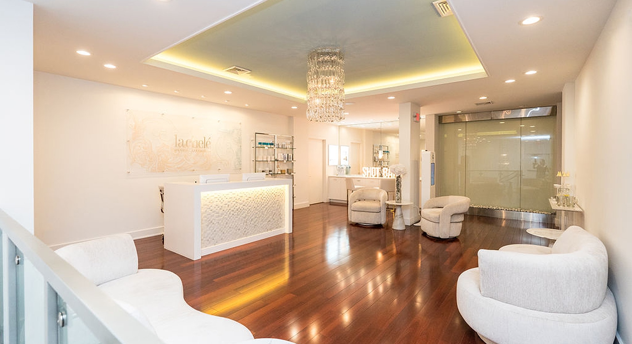 Modern spa reception area with elegant decor.