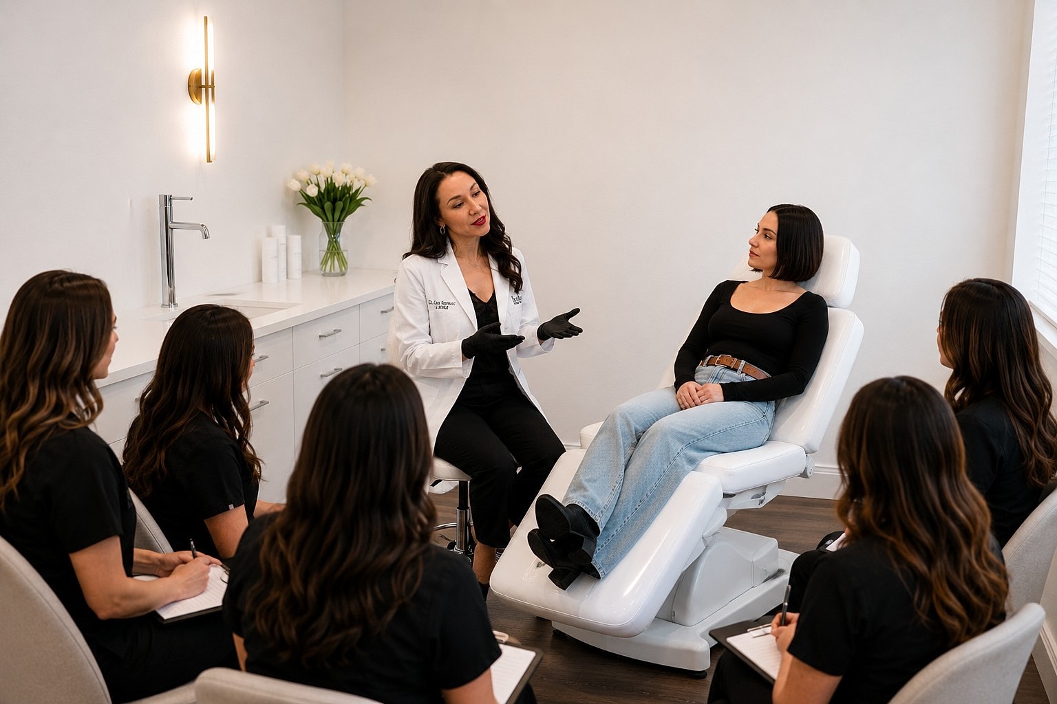 Doctor instructing patients in a clinical setting.